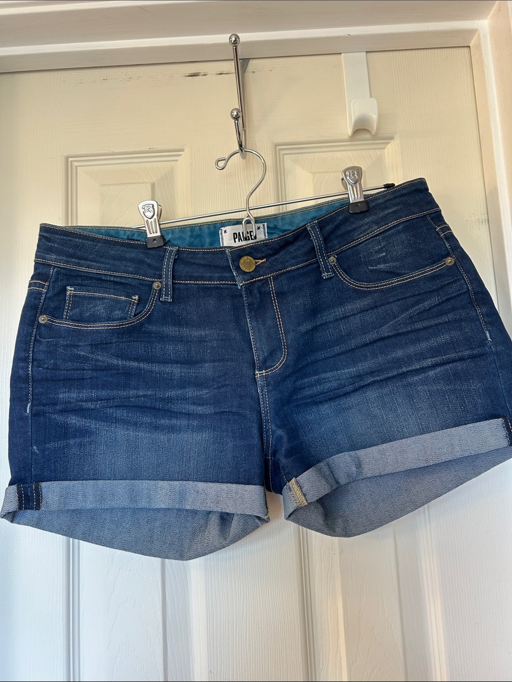 PAIGE Blue Denim Rolled Hem Jean Shorts